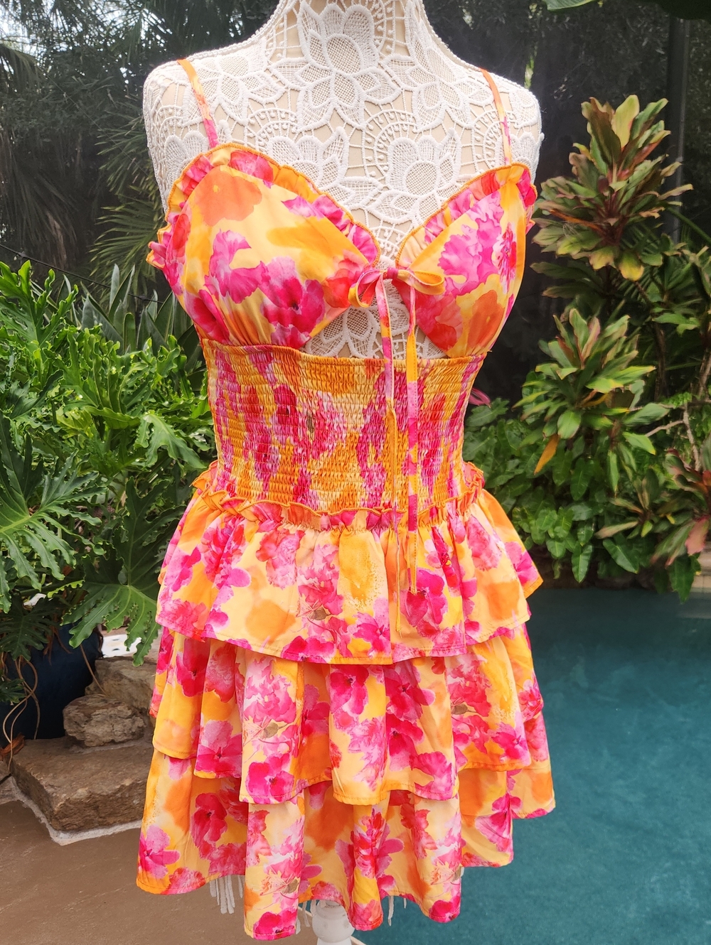 Floral Tiered Sundress - Yellow & Pink With Bikini Style Top.